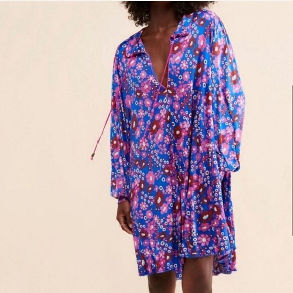 Free People Daisy Jane Botanical Floral Mini Dress Blue Pink XS FLAW - Picture 4 of 11